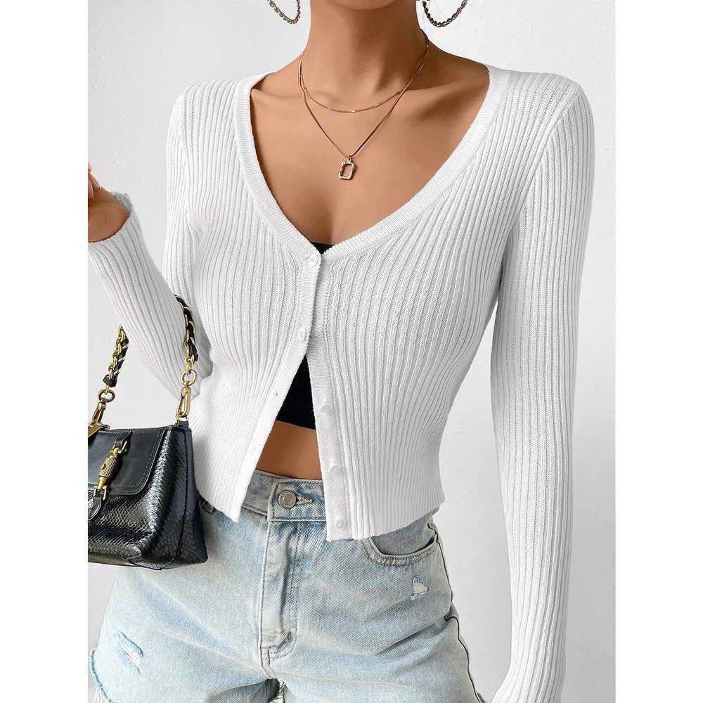 minimalist Ribbed Knit Button down Cropped Cardigan sweater black - Picture 3 of 11